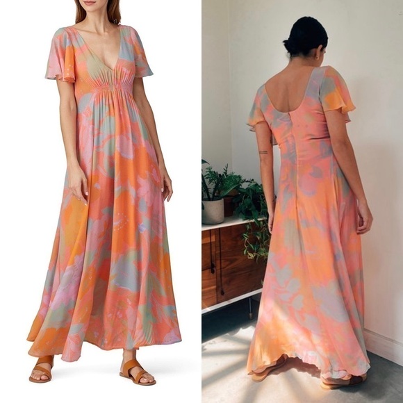 VEDA Bright Floral Short Flutter Sleeve V-Neck Ruched Empire Waist Maxi Dress XS - Picture 4 of 16